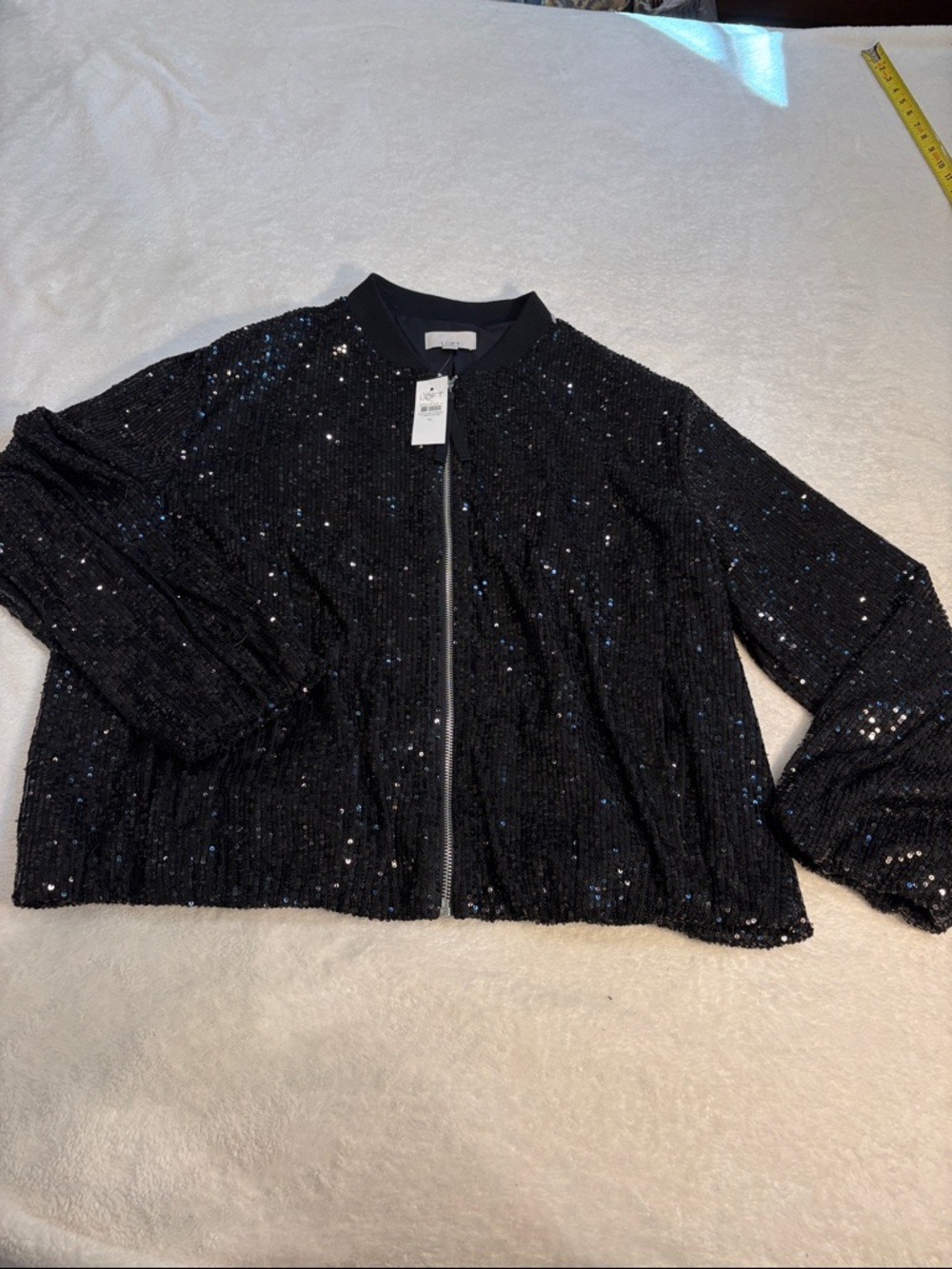 Loft NWT Black Sequin Zip-Front Bomber Jacket Size XL